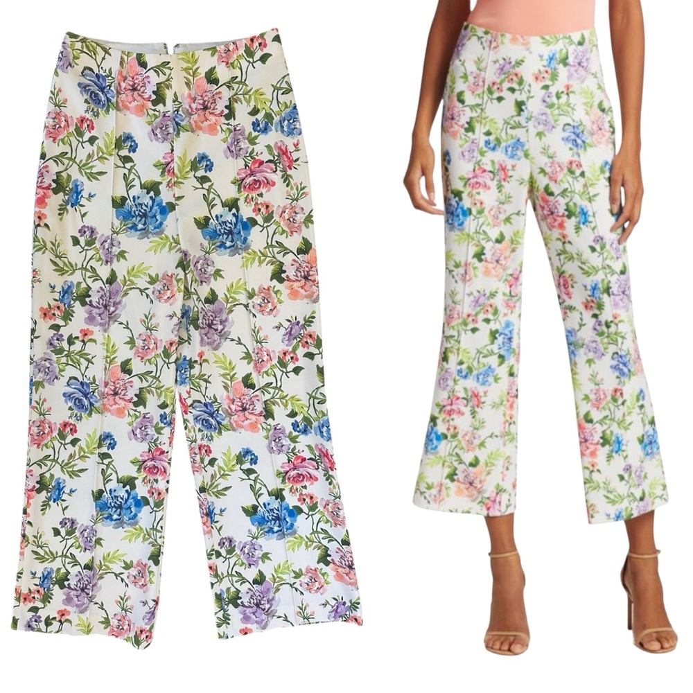Alice + Olivia Lorinda High Waisted Cropped Cream Floral Trousers Size 0